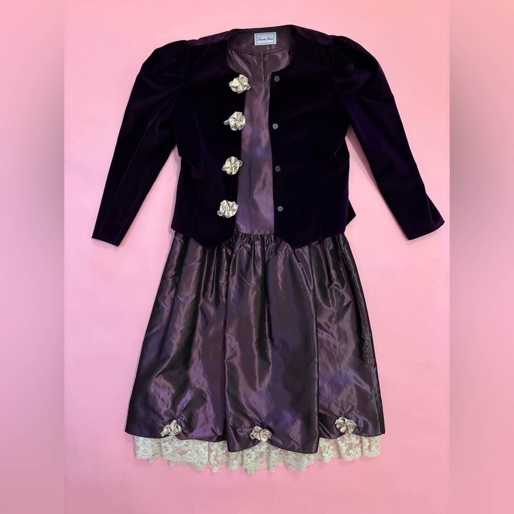 Vintage Sarah Kent Iridescent Purple Lace Dress Velvet Coat Set w/ Rose Buttons